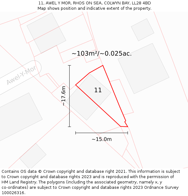 11, AWEL Y MOR, RHOS ON SEA, COLWYN BAY, LL28 4BD: Plot and title map