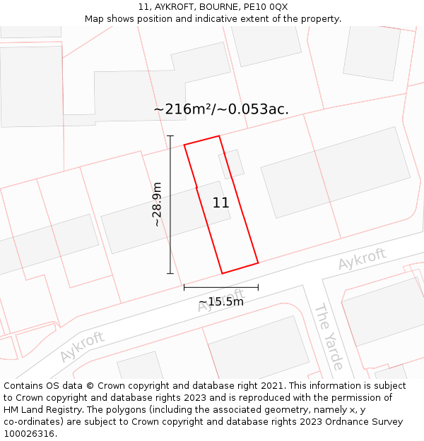 11, AYKROFT, BOURNE, PE10 0QX: Plot and title map