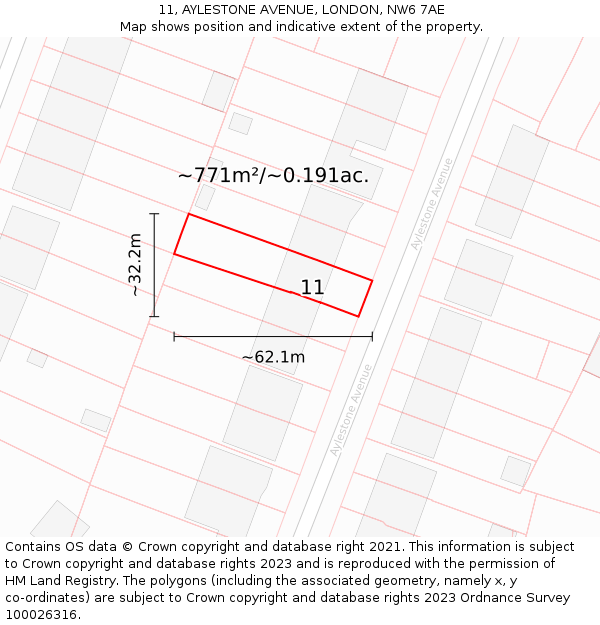 11, AYLESTONE AVENUE, LONDON, NW6 7AE: Plot and title map