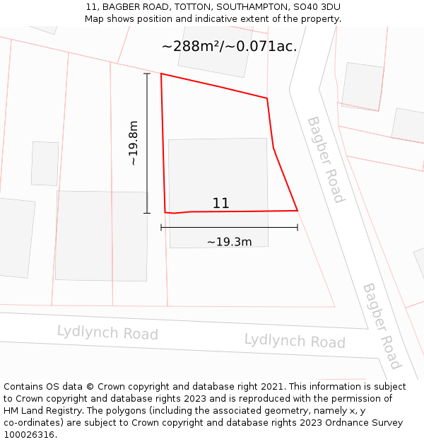 11, BAGBER ROAD, TOTTON, SOUTHAMPTON, SO40 3DU: Plot and title map