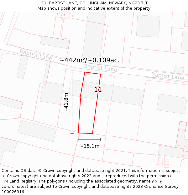 11, BAPTIST LANE, COLLINGHAM, NEWARK, NG23 7LT: Plot and title map