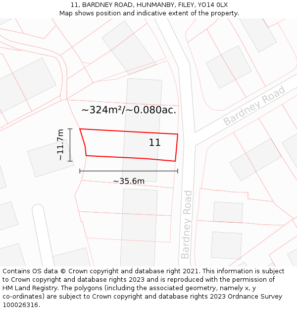 11, BARDNEY ROAD, HUNMANBY, FILEY, YO14 0LX: Plot and title map