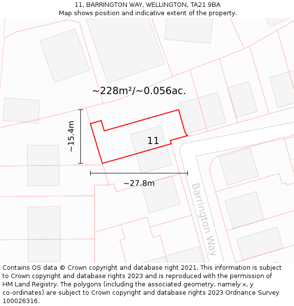 11, BARRINGTON WAY, WELLINGTON, TA21 9BA: Plot and title map