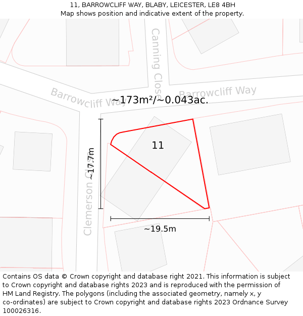 11, BARROWCLIFF WAY, BLABY, LEICESTER, LE8 4BH: Plot and title map