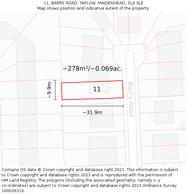 11, BARRS ROAD, TAPLOW, MAIDENHEAD, SL6 0LE: Plot and title map