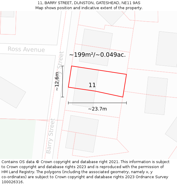 11, BARRY STREET, DUNSTON, GATESHEAD, NE11 9AS: Plot and title map