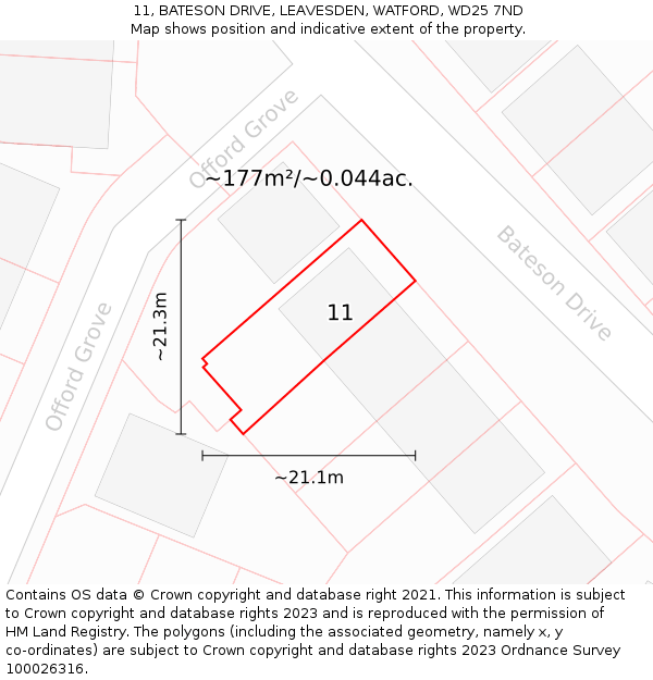 11, BATESON DRIVE, LEAVESDEN, WATFORD, WD25 7ND: Plot and title map