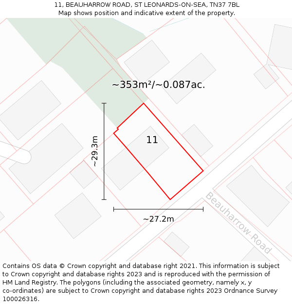 11, BEAUHARROW ROAD, ST LEONARDS-ON-SEA, TN37 7BL: Plot and title map