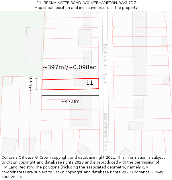 11, BECKMINSTER ROAD, WOLVERHAMPTON, WV3 7DZ: Plot and title map