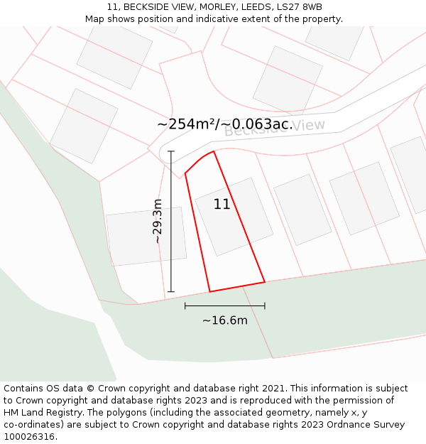 11, BECKSIDE VIEW, MORLEY, LEEDS, LS27 8WB: Plot and title map