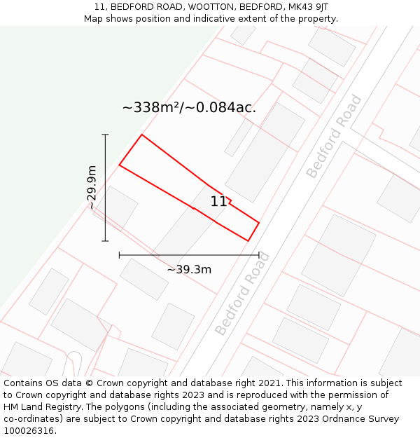 11, BEDFORD ROAD, WOOTTON, BEDFORD, MK43 9JT: Plot and title map