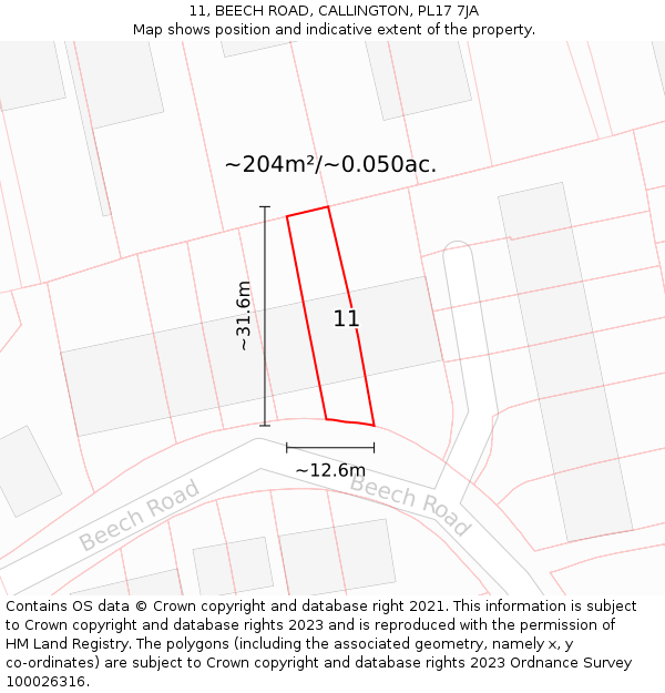 11, BEECH ROAD, CALLINGTON, PL17 7JA: Plot and title map