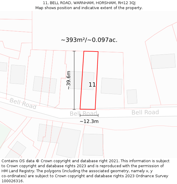 11, BELL ROAD, WARNHAM, HORSHAM, RH12 3QJ: Plot and title map