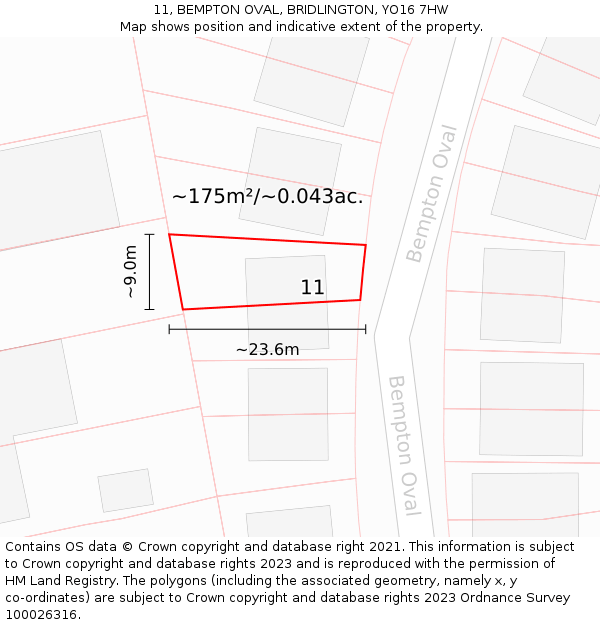 11, BEMPTON OVAL, BRIDLINGTON, YO16 7HW: Plot and title map