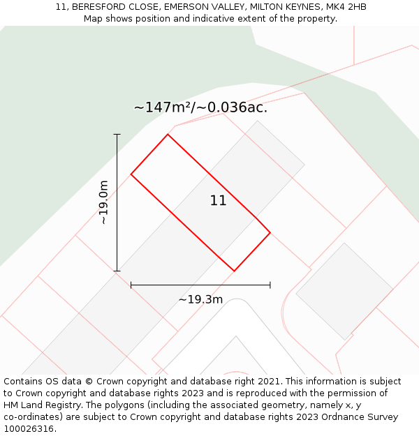 11, BERESFORD CLOSE, EMERSON VALLEY, MILTON KEYNES, MK4 2HB: Plot and title map