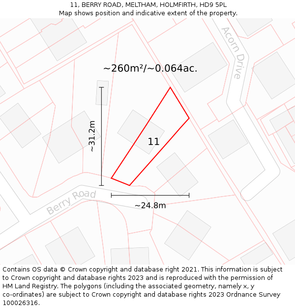 11, BERRY ROAD, MELTHAM, HOLMFIRTH, HD9 5PL: Plot and title map