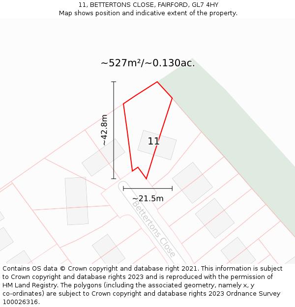 11, BETTERTONS CLOSE, FAIRFORD, GL7 4HY: Plot and title map