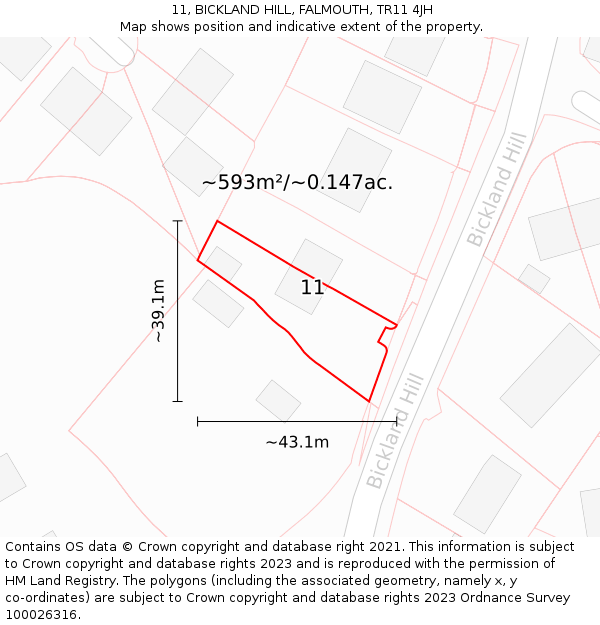 11, BICKLAND HILL, FALMOUTH, TR11 4JH: Plot and title map