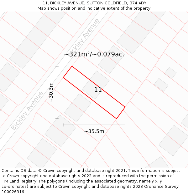 11, BICKLEY AVENUE, SUTTON COLDFIELD, B74 4DY: Plot and title map