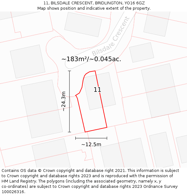 11, BILSDALE CRESCENT, BRIDLINGTON, YO16 6GZ: Plot and title map