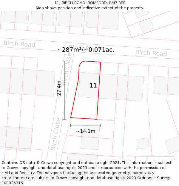 11, BIRCH ROAD, ROMFORD, RM7 8ER: Plot and title map