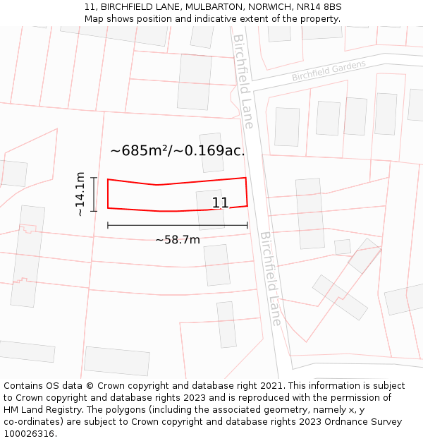 11, BIRCHFIELD LANE, MULBARTON, NORWICH, NR14 8BS: Plot and title map