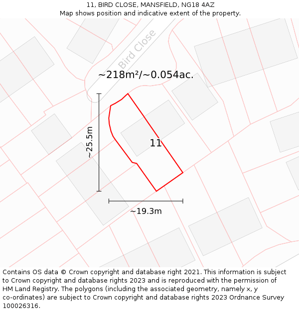 11, BIRD CLOSE, MANSFIELD, NG18 4AZ: Plot and title map