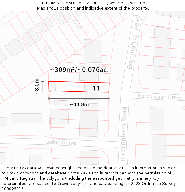 11, BIRMINGHAM ROAD, ALDRIDGE, WALSALL, WS9 0AE: Plot and title map