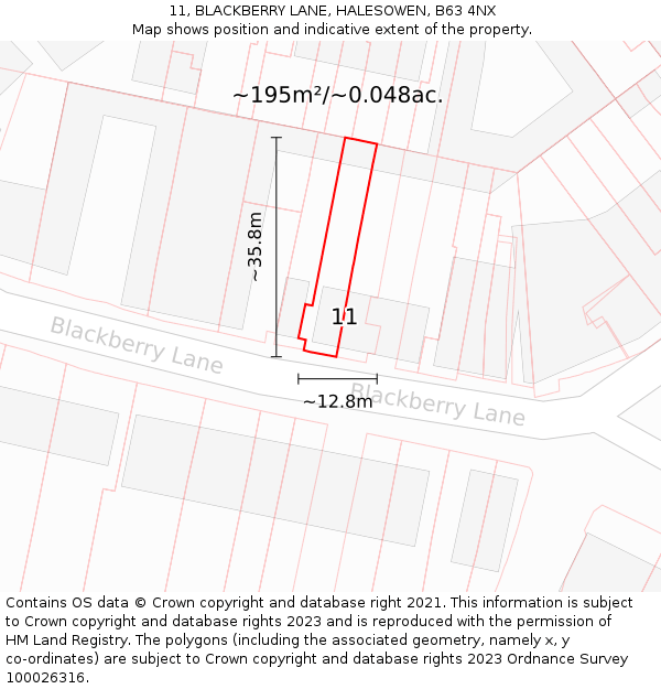 11, BLACKBERRY LANE, HALESOWEN, B63 4NX: Plot and title map