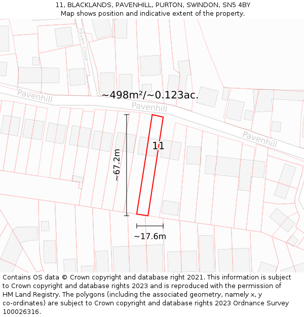 11, BLACKLANDS, PAVENHILL, PURTON, SWINDON, SN5 4BY: Plot and title map