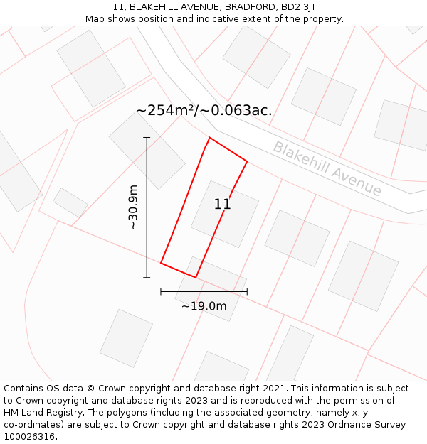 11, BLAKEHILL AVENUE, BRADFORD, BD2 3JT: Plot and title map