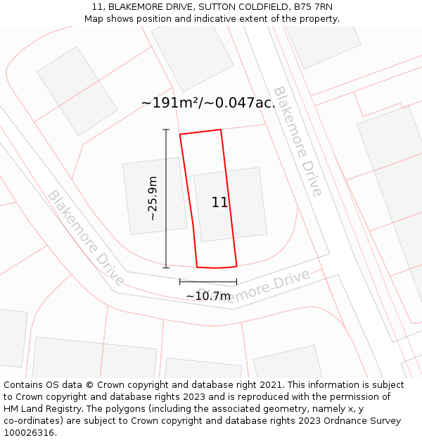 11, BLAKEMORE DRIVE, SUTTON COLDFIELD, B75 7RN: Plot and title map