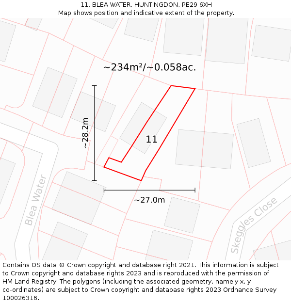 11, BLEA WATER, HUNTINGDON, PE29 6XH: Plot and title map