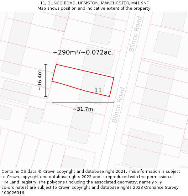 11, BLINCO ROAD, URMSTON, MANCHESTER, M41 9NF: Plot and title map