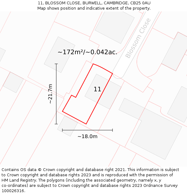 11, BLOSSOM CLOSE, BURWELL, CAMBRIDGE, CB25 0AU: Plot and title map