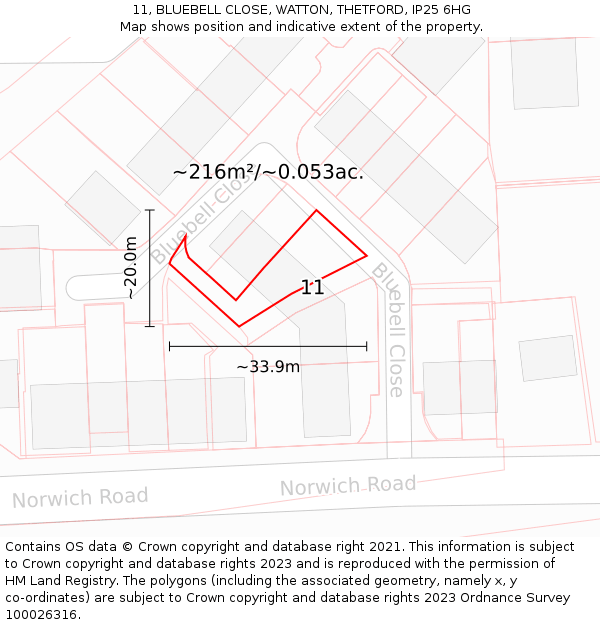 11, BLUEBELL CLOSE, WATTON, THETFORD, IP25 6HG: Plot and title map