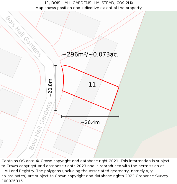 11, BOIS HALL GARDENS, HALSTEAD, CO9 2HX: Plot and title map