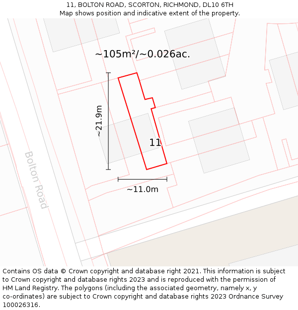 11, BOLTON ROAD, SCORTON, RICHMOND, DL10 6TH: Plot and title map