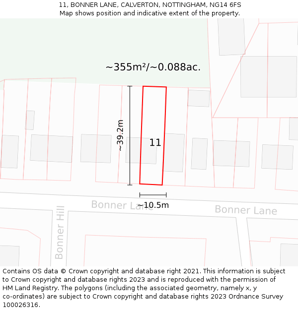 11, BONNER LANE, CALVERTON, NOTTINGHAM, NG14 6FS: Plot and title map