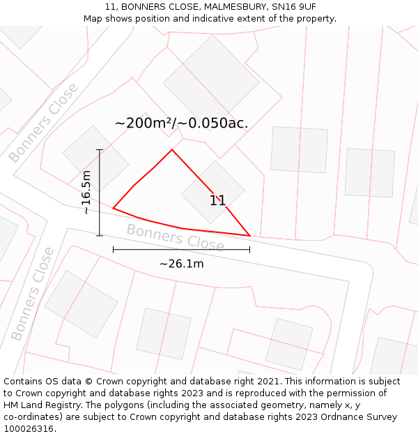 11, BONNERS CLOSE, MALMESBURY, SN16 9UF: Plot and title map