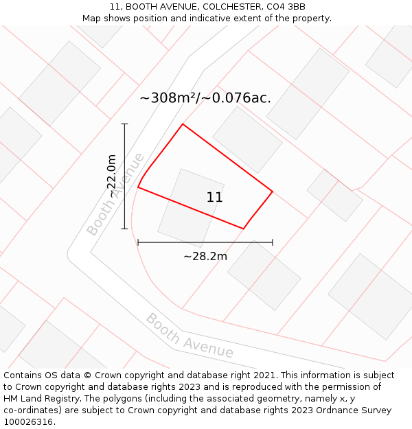 11, BOOTH AVENUE, COLCHESTER, CO4 3BB: Plot and title map