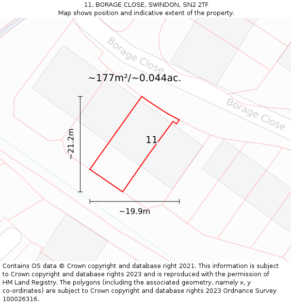 11, BORAGE CLOSE, SWINDON, SN2 2TF: Plot and title map