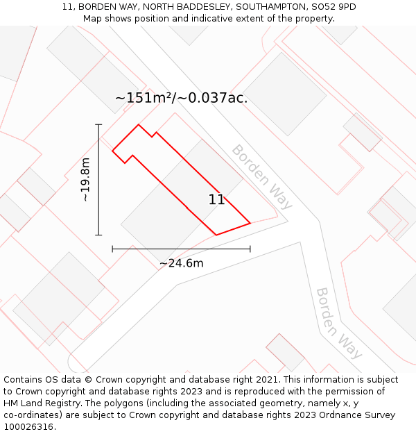 11, BORDEN WAY, NORTH BADDESLEY, SOUTHAMPTON, SO52 9PD: Plot and title map