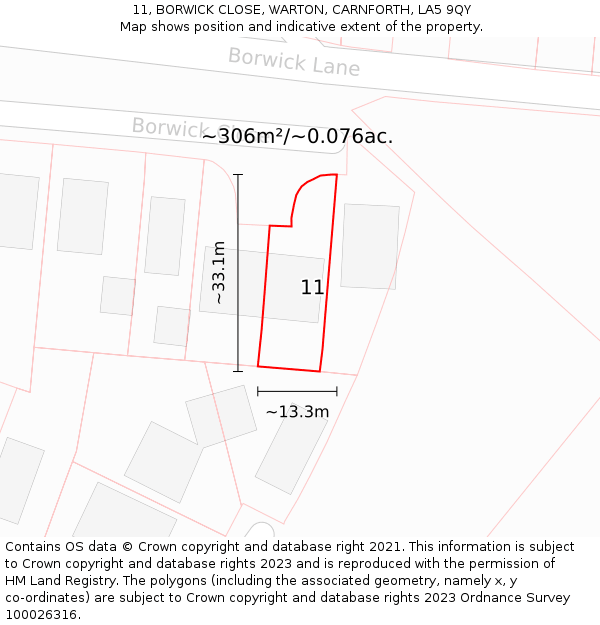 11, BORWICK CLOSE, WARTON, CARNFORTH, LA5 9QY: Plot and title map