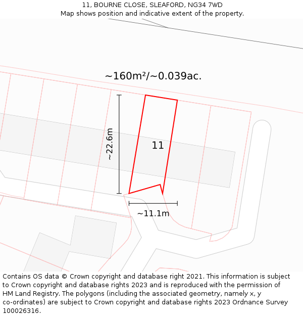 11, BOURNE CLOSE, SLEAFORD, NG34 7WD: Plot and title map