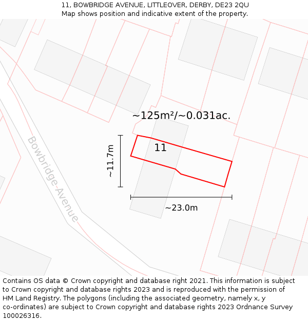 11, BOWBRIDGE AVENUE, LITTLEOVER, DERBY, DE23 2QU: Plot and title map