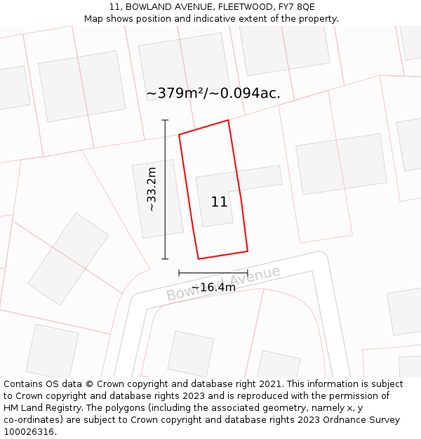 11, BOWLAND AVENUE, FLEETWOOD, FY7 8QE: Plot and title map