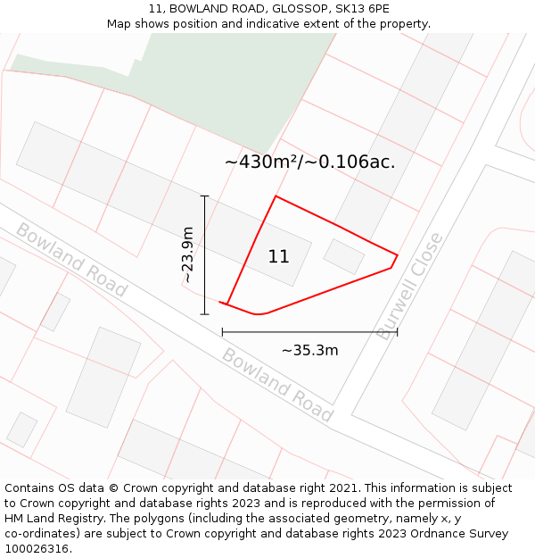 11, BOWLAND ROAD, GLOSSOP, SK13 6PE: Plot and title map