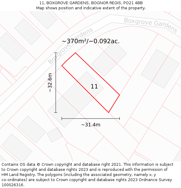 11, BOXGROVE GARDENS, BOGNOR REGIS, PO21 4BB: Plot and title map