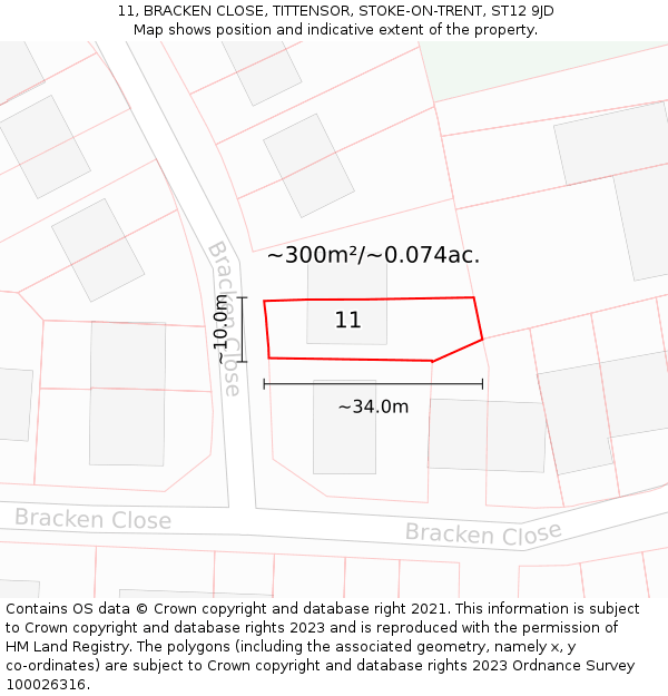 11, BRACKEN CLOSE, TITTENSOR, STOKE-ON-TRENT, ST12 9JD: Plot and title map